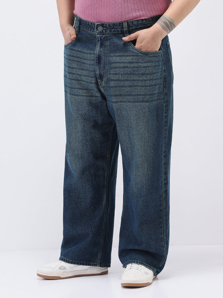 Plus Men's Dark Blue Loose Baggy Fit Heavy Washed Jeans Non-Stretchable