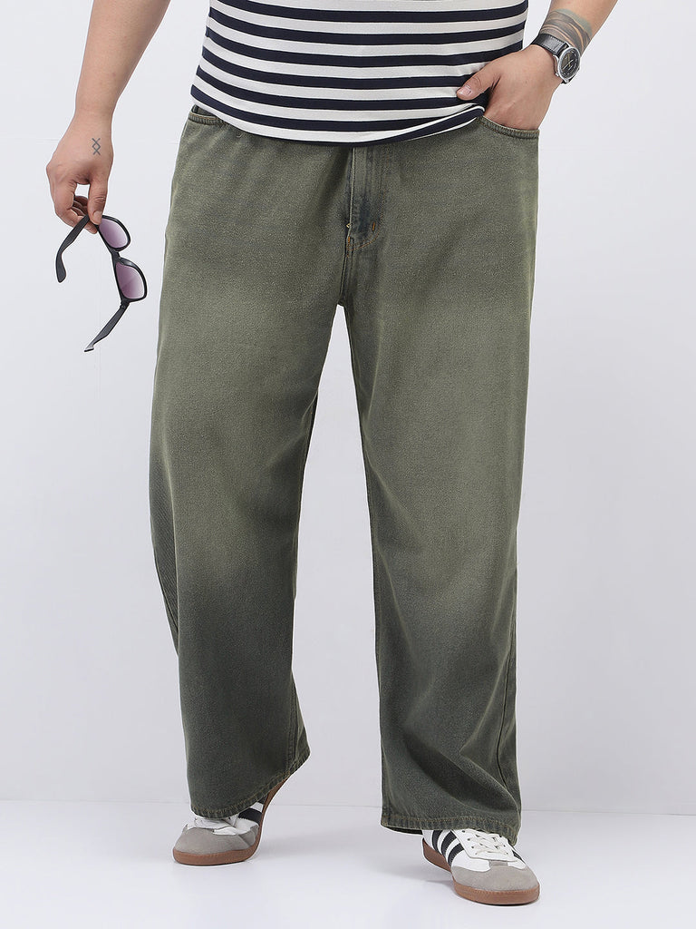 Plus Men's Dark Grey Loose Baggy Fit Heavy Washed Jeans Non-Stretchable