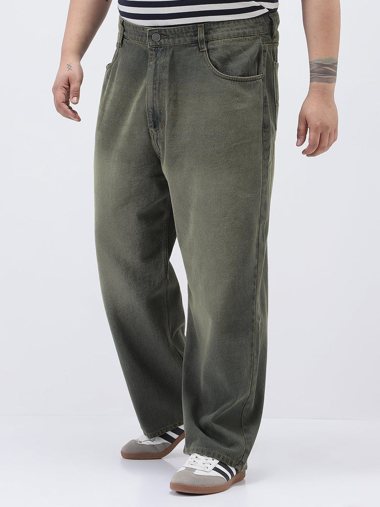 Plus Men's Dark Grey Loose Baggy Fit Heavy Washed Jeans Non-Stretchable