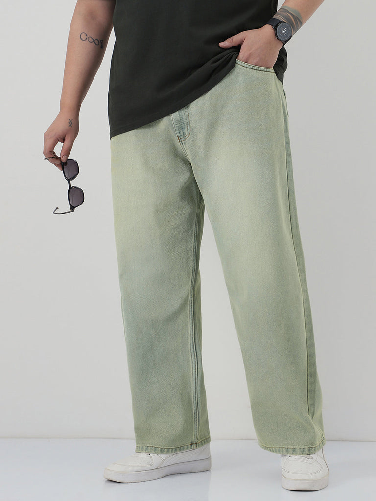 Plus Men's Ice Grey Loose Baggy Fit Heavy Washed Jeans Non-Stretchable