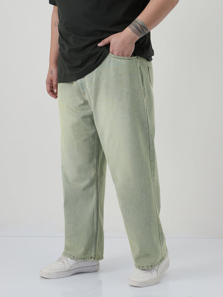Plus Men's Ice Grey Loose Baggy Fit Heavy Washed Jeans Non-Stretchable