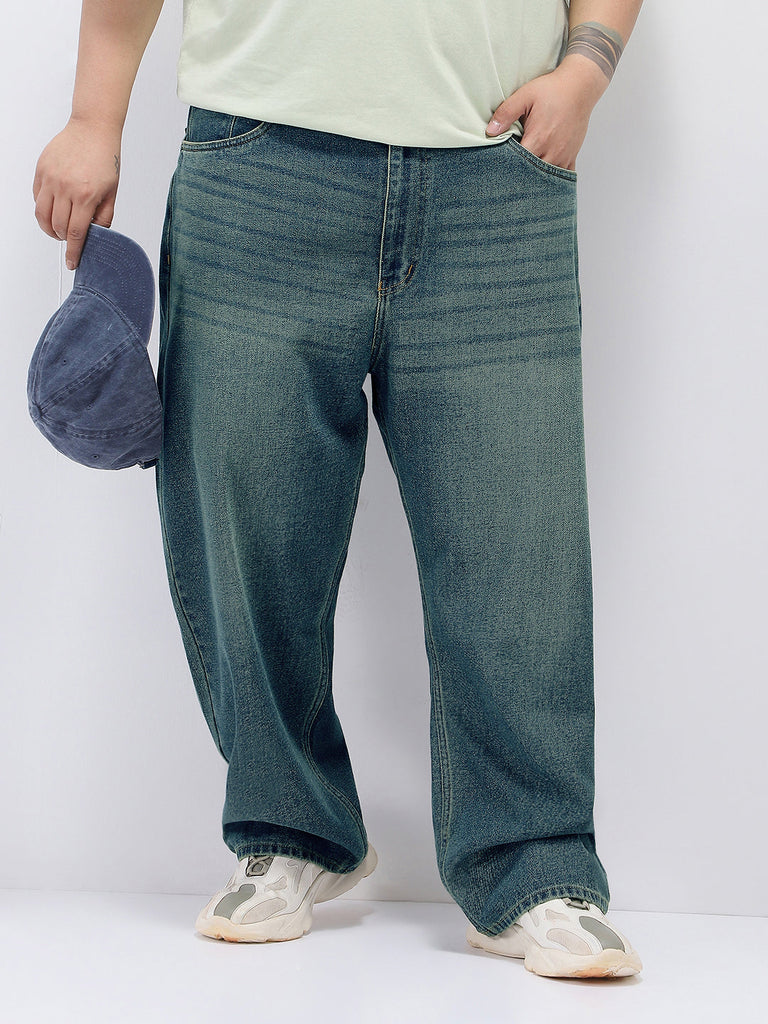 Plus Men's Light Blue Loose Baggy Fit Heavy Washed Jeans Non-Stretchable