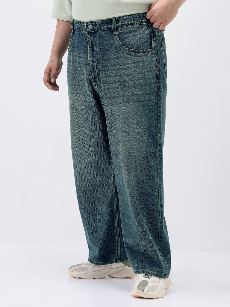 Plus Men's Light Blue Loose Baggy Fit Heavy Washed Jeans Non-Stretchable