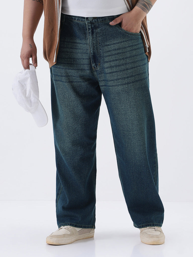 Plus Men's Blue Loose Baggy Fit Heavy Washed Jeans Non-Stretchable