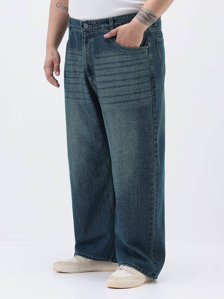 Plus Men's Blue Loose Baggy Fit Heavy Washed Jeans Non-Stretchable