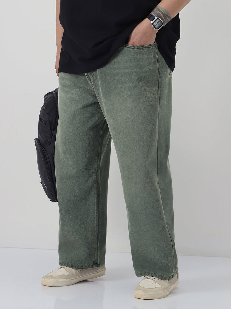Plus Men's Grey Loose Baggy Fit Heavy Washed Jeans Non-Stretchable