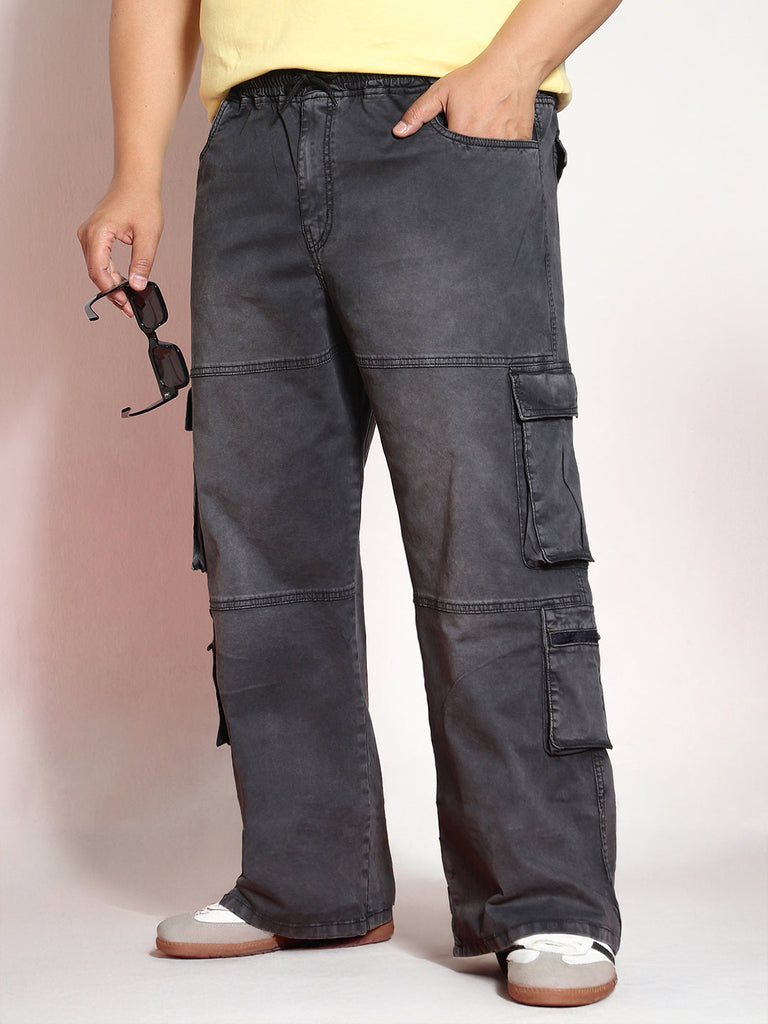 Plus Men's Black Loose Baggy Fit Travel Cargo Jeans With 8 Pockets Stretchable