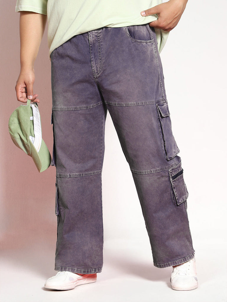Plus Men's Dark Blue Loose Baggy Fit Travel Cargo Jeans With 8 Pockets Stretchable