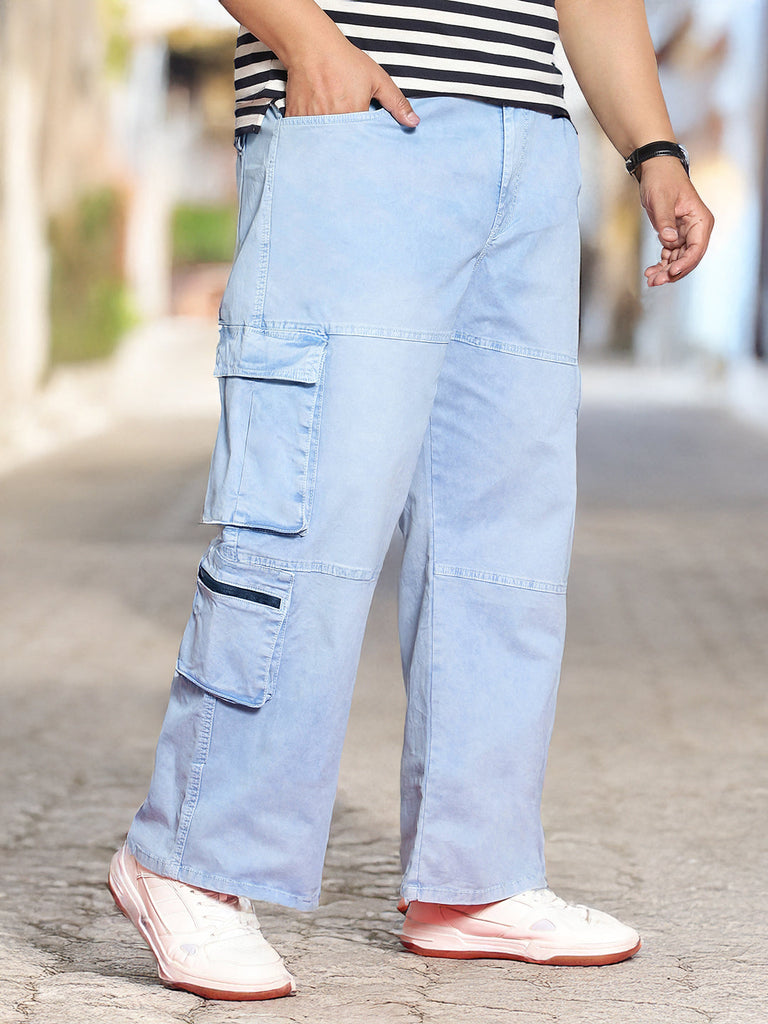 Plus Men's Ice Blue Loose Baggy Fit Travel Cargo Jeans With 8 Pockets Stretchable