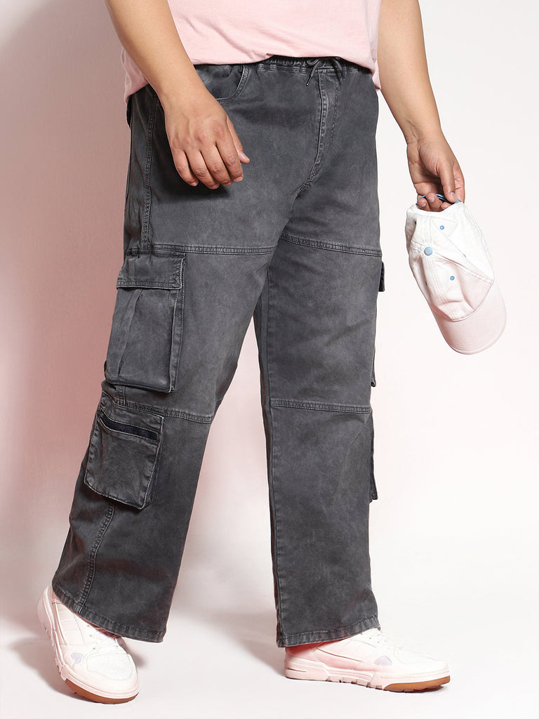 Plus Men's Grey Loose Baggy Fit Travel Cargo Jeans With 8 Pockets Stretchable