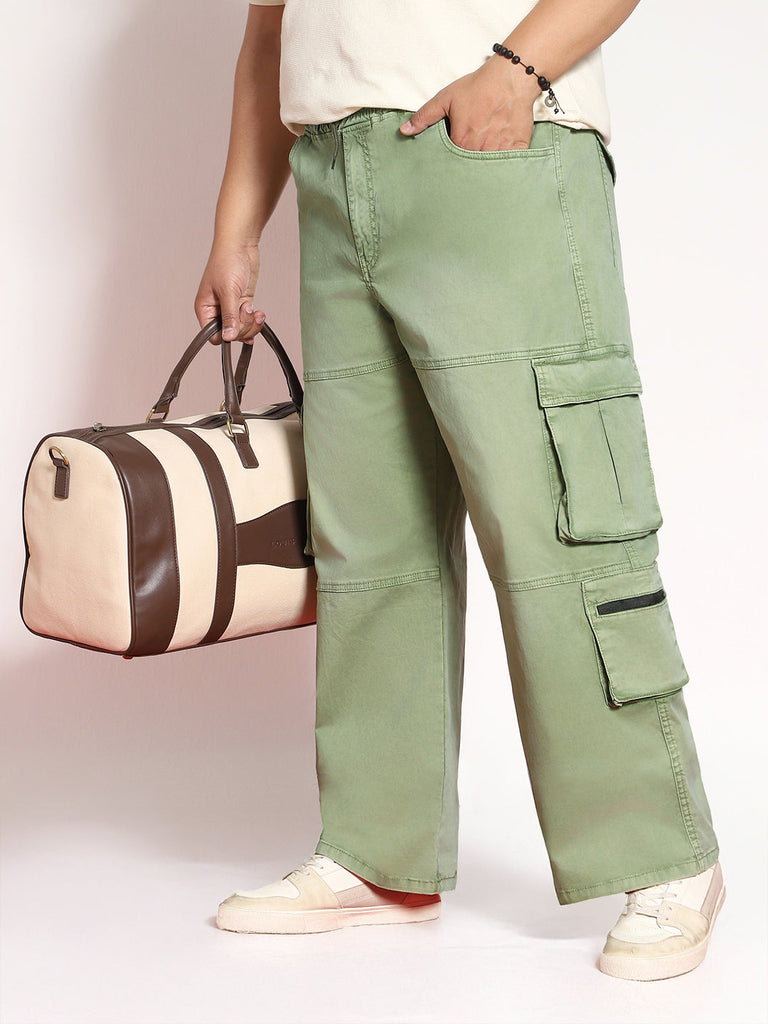 Plus Men's Olive Loose Baggy Fit Travel Cargo Jeans With 8 Pockets Stretchable