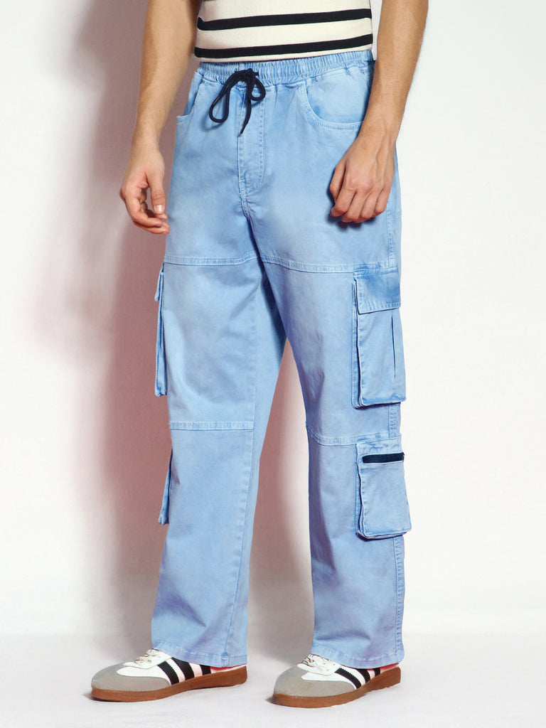 Men's Ice Blue Loose Baggy Fit Travel Cargo Jeans With 8 Pockets Stretchable