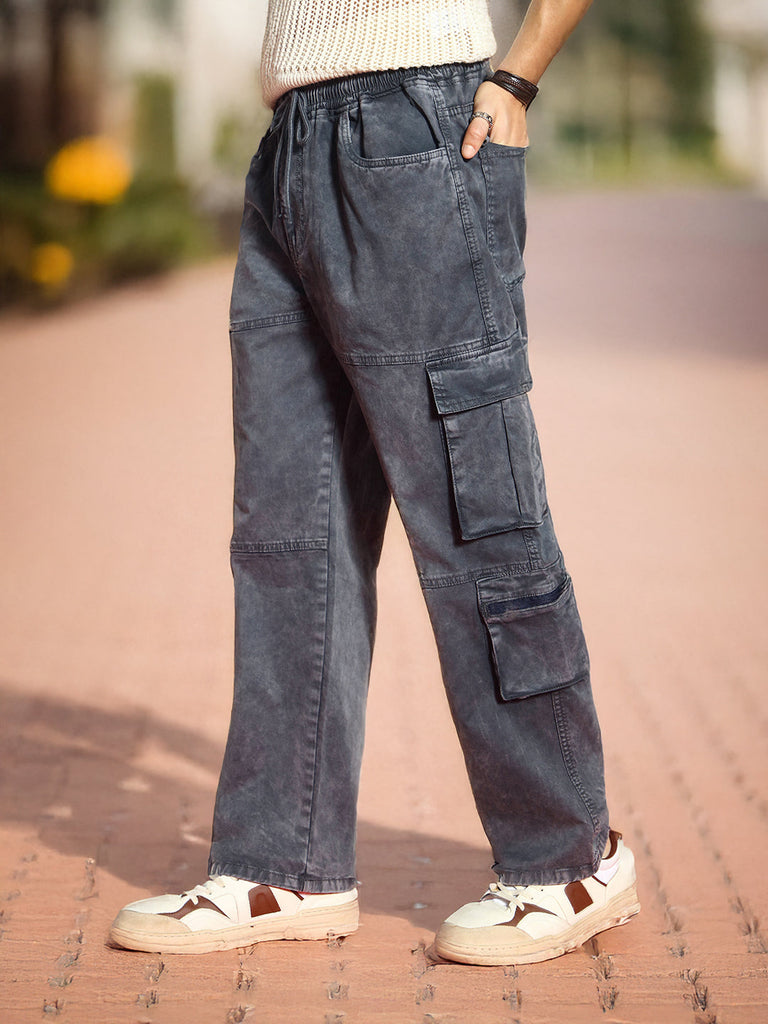 Men's Grey Loose Baggy Fit Travel Cargo Jeans With 8 Pockets Stretchable