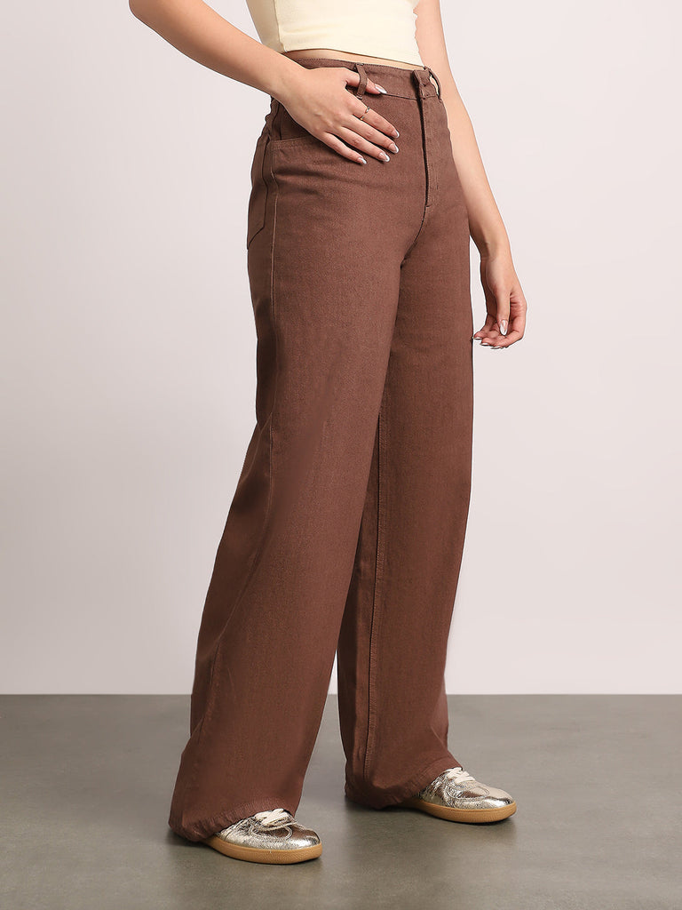 Women's Brown High Rise Loose Baggy Fit Washed Jeans Non-Stretchable