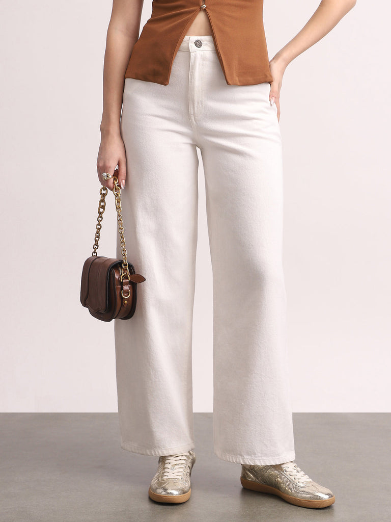 Women's White High Rise Loose Baggy Fit Washed Jeans Non-Stretchable