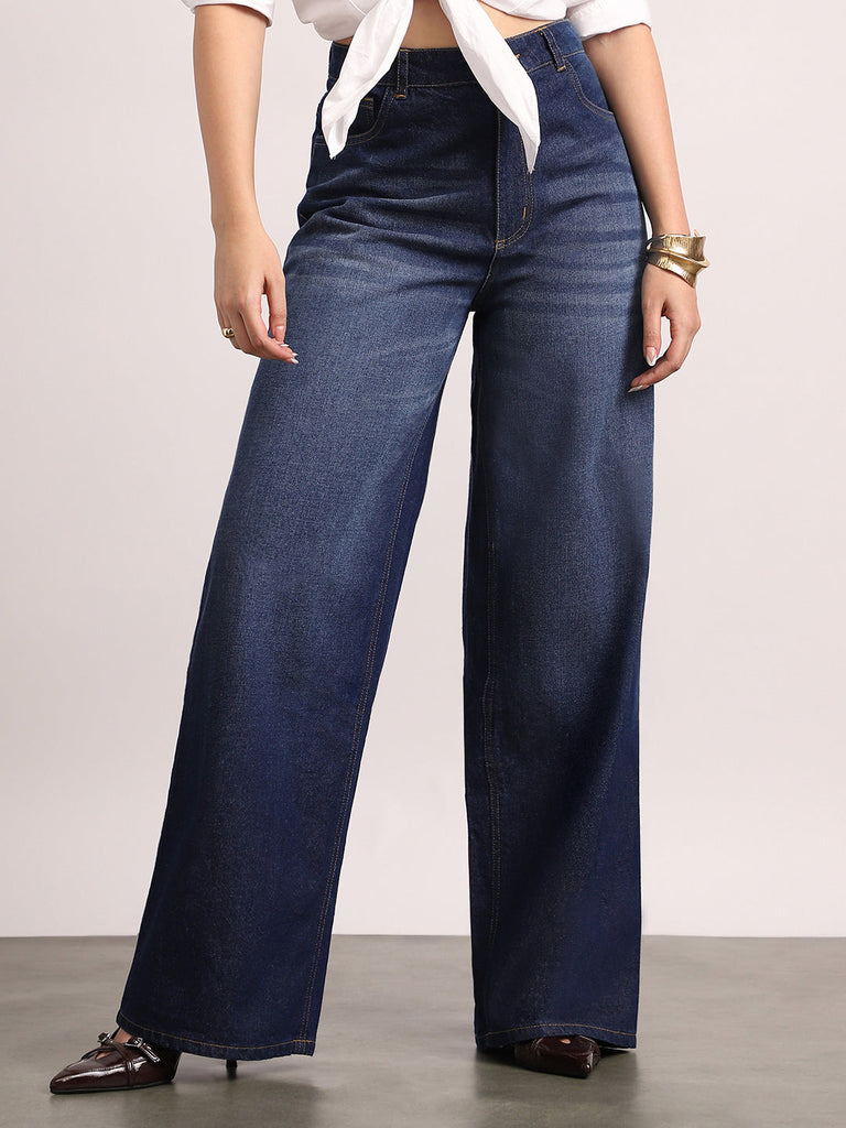 Women's Dark Blue High Rise Loose Baggy Fit Washed Jeans Non-Stretchable