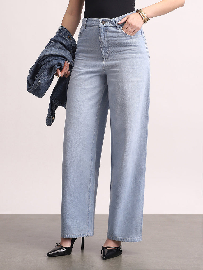 Women's Ice Blue High Rise Loose Baggy Fit Washed Jeans Non-Stretchable