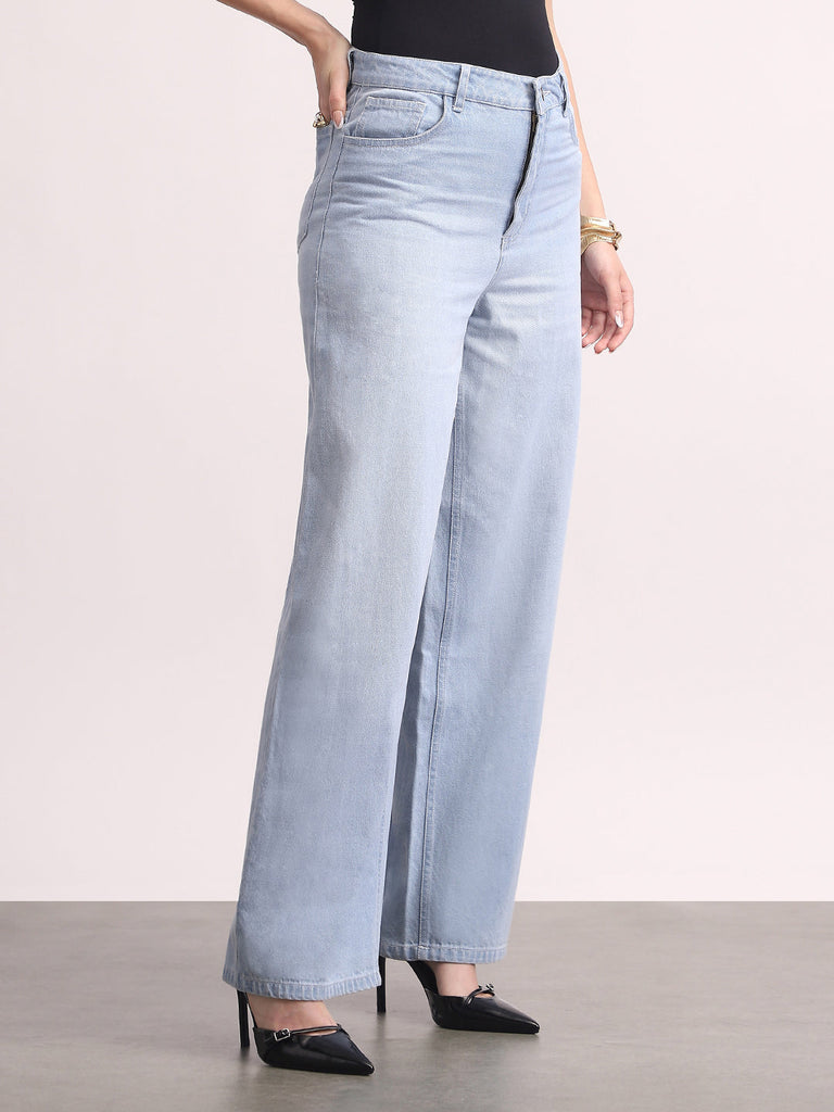 Women's Ice Blue High Rise Loose Baggy Fit Washed Jeans Non-Stretchable