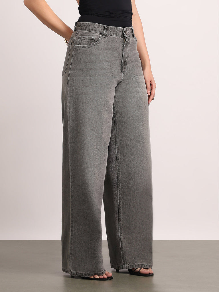 Women's Light Grey High Rise Loose Baggy Fit Washed Jeans Non-Stretchable