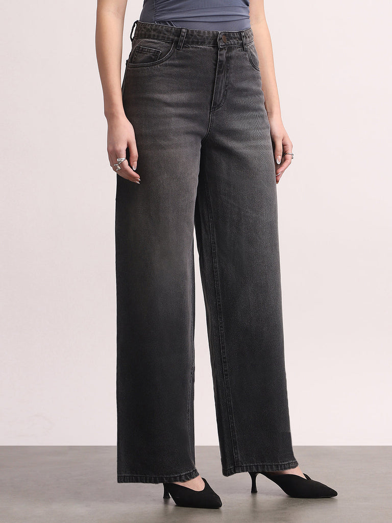 Women's Grey High Rise Loose Baggy Fit Washed Jeans Non-Stretchable